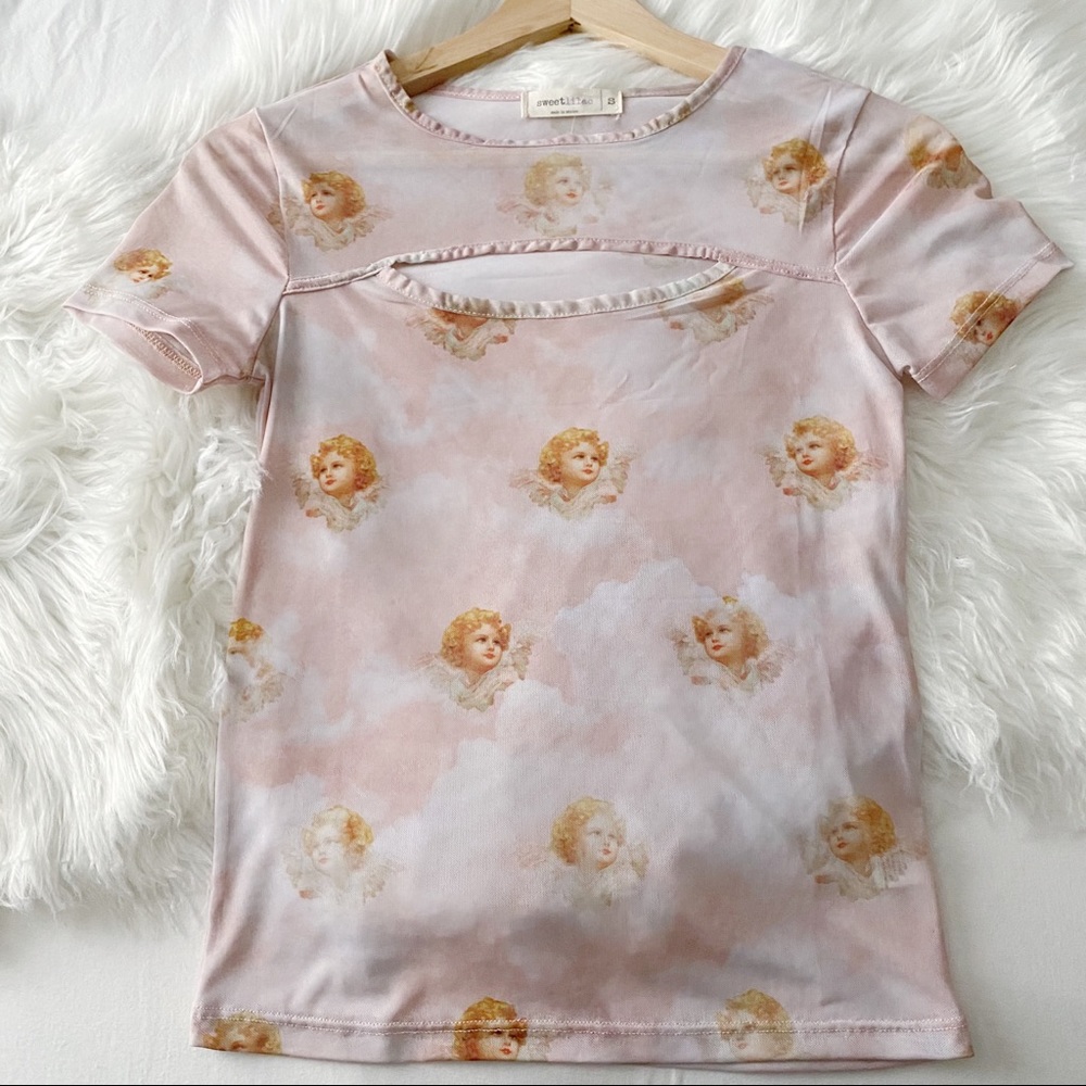 Y2K Fashion • Chest Cut Out Sheer Cherub Top